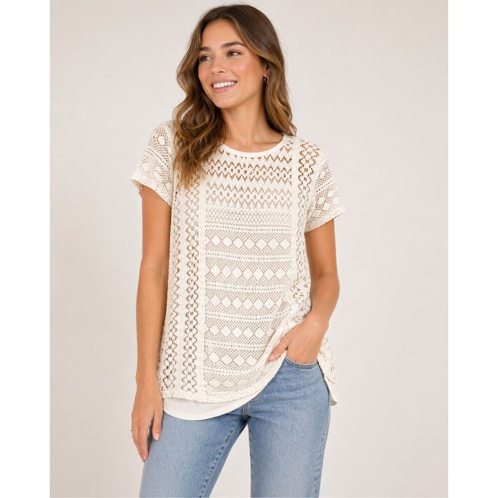 Lucky Brand Crochet Lace Top Medium Boho Ivory Short Sleeve Blouse